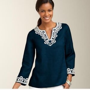 Talbot's Navy Blue Linen Women's Top with White Trim Size MP